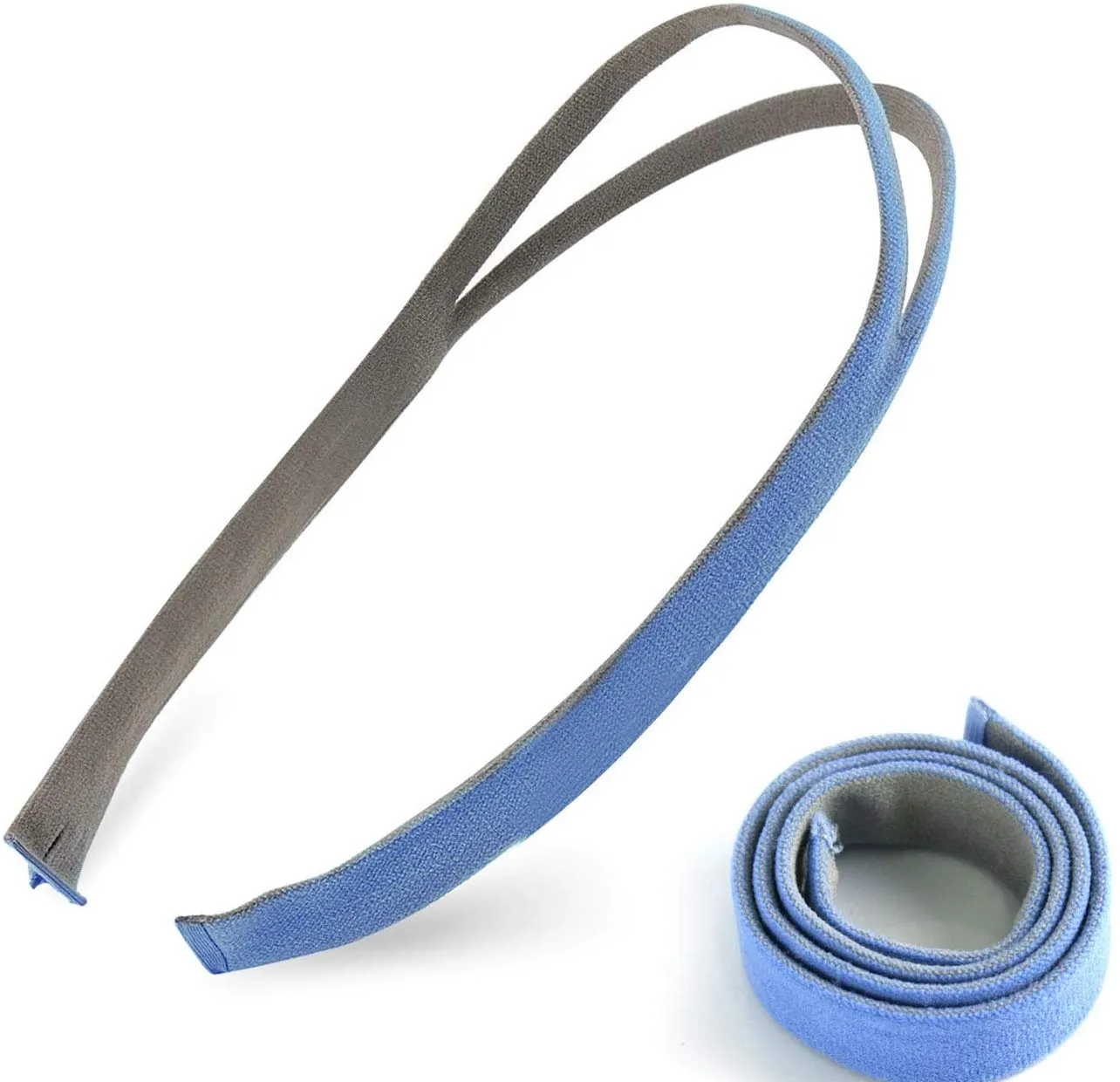 Blue-grey RespiraPro CPAP headgear shown flat and rolled